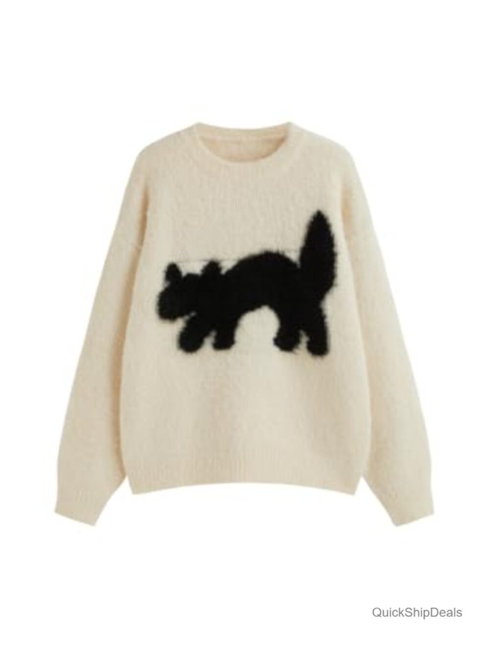 Women's Fuzzy Cat Graphic Oversized Crewneck Pullover Sweater